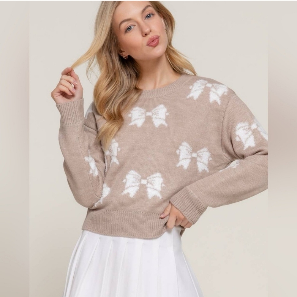 Emma's Expressions Bow Beige Tan Crew Neck Sweater Top Womens Size XL
